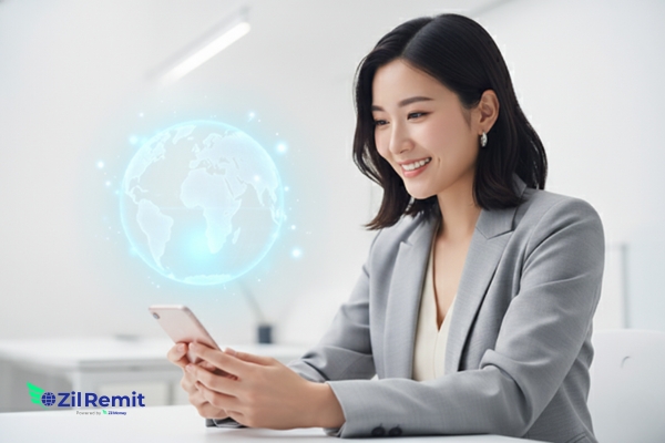 Professional businesswoman using international payment solutions on mobile device with digital globe overlay - ZilRemit B2B cross-border payment platform