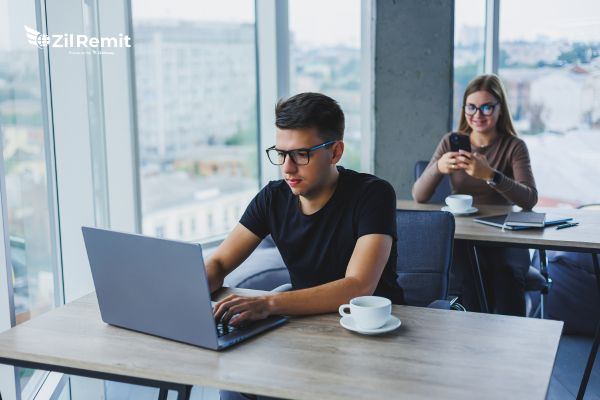 Professional business person managing transparent international payments to Italy