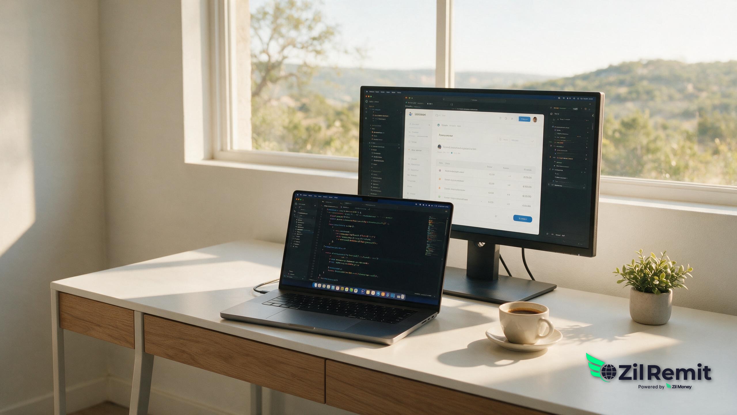 A bright Austin home office desk with a laptop and monitor showing a contractor payment dashboard used to send money to a software developer in Ireland