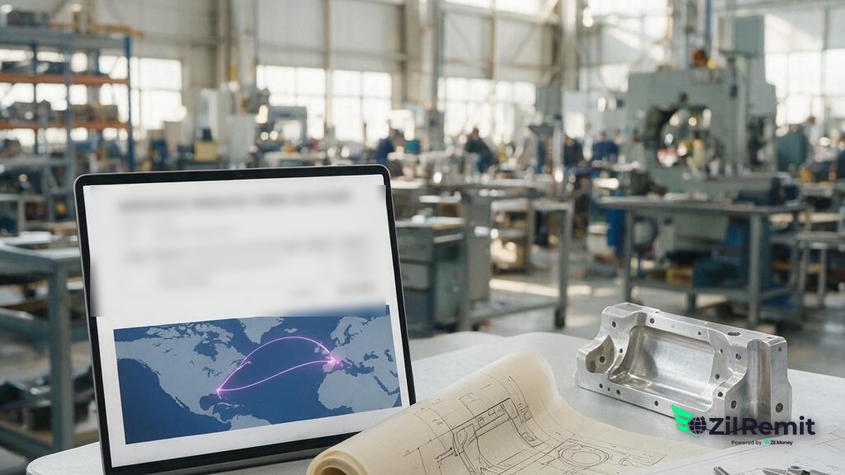 A Charleston aerospace-parts manufacturer reviewing a euro invoice and certificate of conformity from a Toulouse tooling supplier, with a route line from South Carolina to France