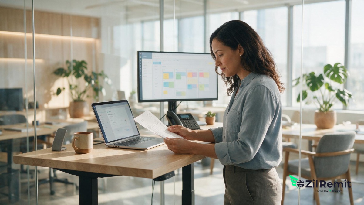 An operations manager at a Charlotte IT staffing agency preparing to send money to an India business account for a software vendor, reviewing an invoice and payment confirmation with a development kanban board in the background