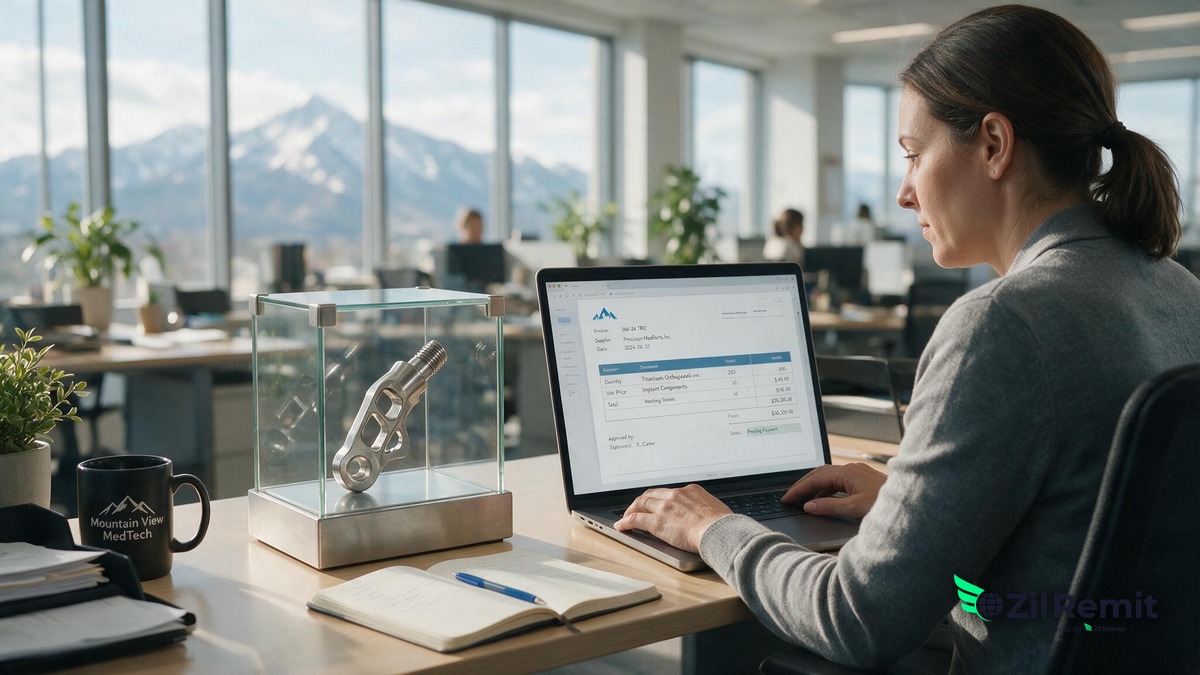 An accounts payable manager at a Denver medical device company reviewing a supplier invoice from an Irish manufacturer