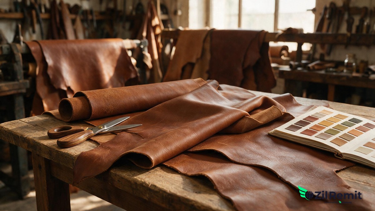 Rolled vegetable-tanned leather hides and a color swatch book on a workbench inside a Tuscan tannery workshop