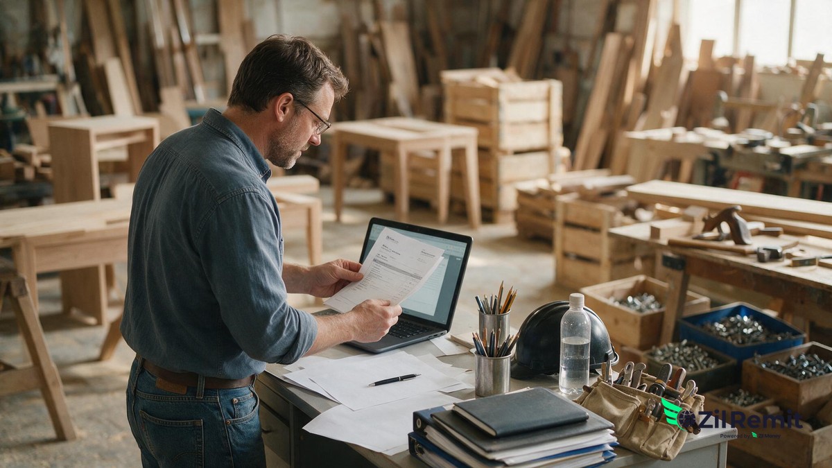 A production manager at a Minneapolis furniture manufacturer reviewing a supplier invoice from a Swedish wood-components supplier
