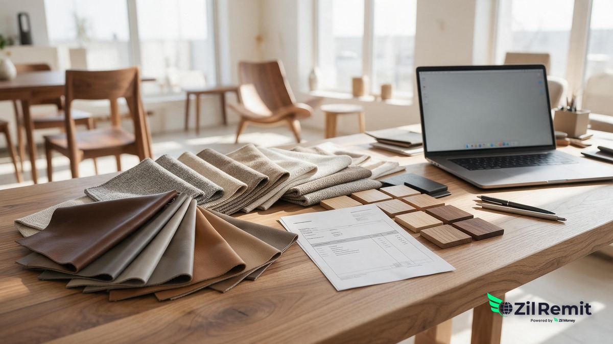 Furniture showroom with a custom-order invoice, wood and upholstery swatches on a worktable, and a laptop open beside an upholstered chair