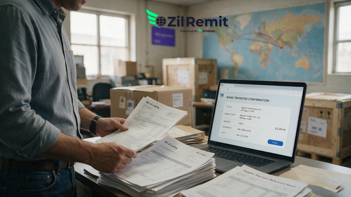 A small business owner in a Chicago import-export warehouse reviewing shipping paperwork and a supplier payment confirmation to India