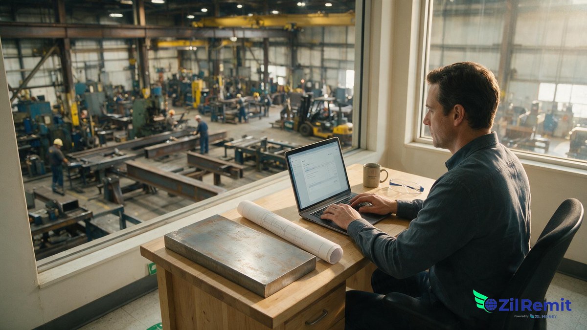 A US heavy-equipment fabricator reviewing a steel mill certificate and invoice next to wear-resistant steel plate, with a route line from Illinois to Sweden