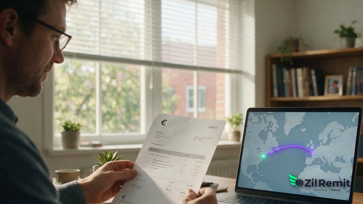 A Pittsburgh IT consulting firm owner reviewing a euro invoice from an Estonian development partner at a desk with a laptop showing a route line from Pittsburgh to Estonia