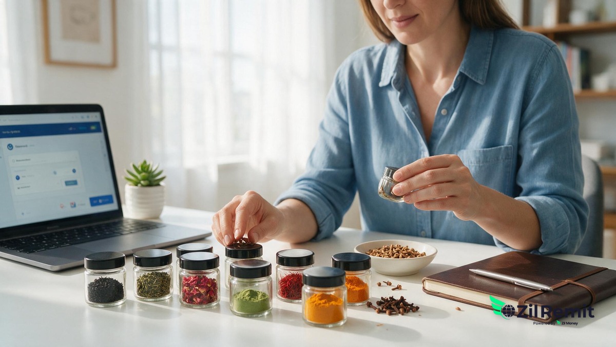 Specialty foods importer reviewing tea and spice samples with an international payment on a laptop
