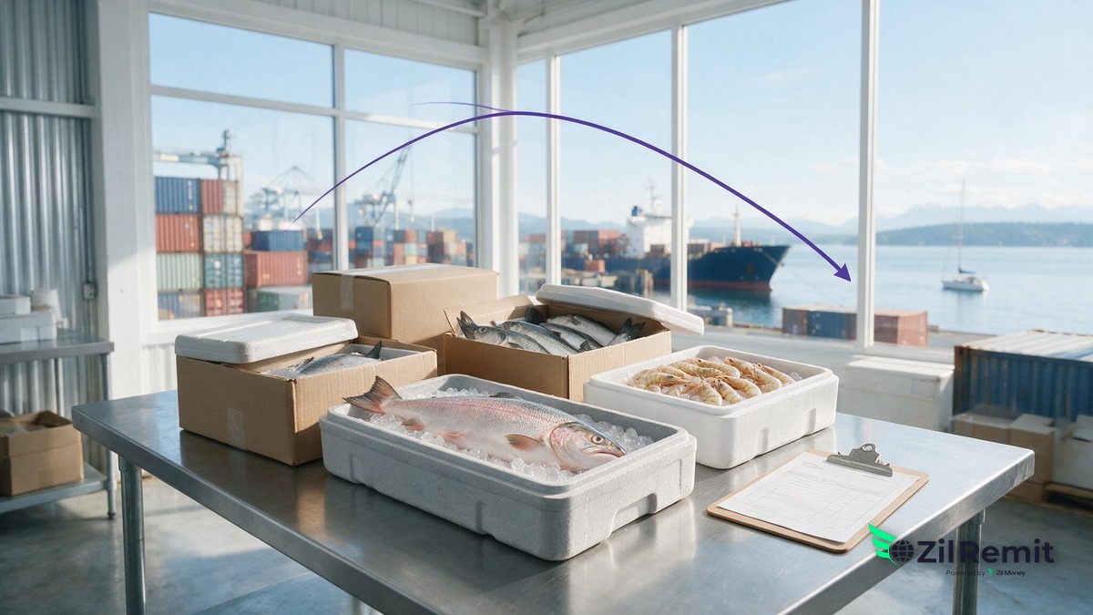 A Seattle seafood export operations manager reviewing a $10,000 supplier invoice at a dock warehouse, with a route line connecting Seattle to the Philippines