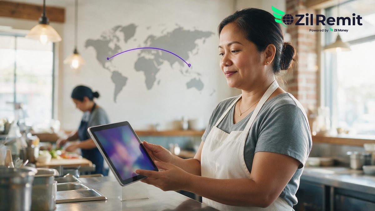 A Filipino small business owner in a Texas restaurant kitchen holding a tablet, with a route line on a wall map connecting Texas to the Philippines
